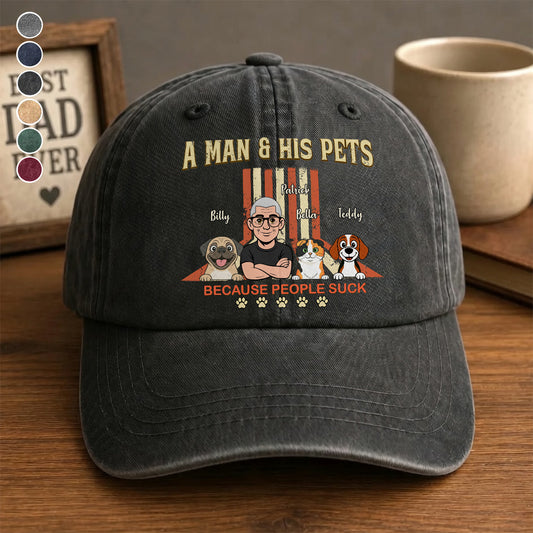 UPST34 A Man And His Pet Retro Style - Personalized Custom Wash Denim Cap