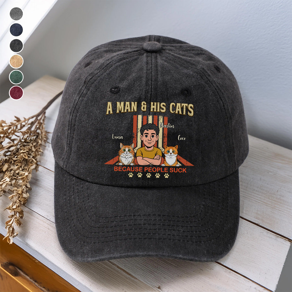 UPST34 A Man And His Cat Retro Style - Personalized Custom Wash Denim Cap