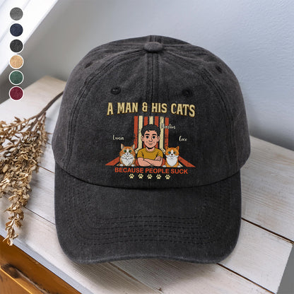 UPST34 A Man And His Cat Retro Style - Personalized Custom Wash Denim Cap