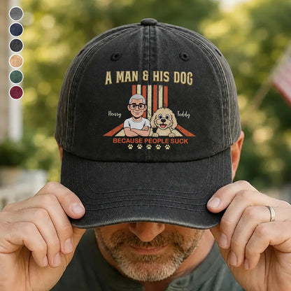 UPST34 A Man And His Dog Retro Style - Personalized Custom Wash Denim Cap