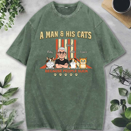UPST34 A Man And His Cat Retro Style - Personalized Custom Washed T-shirt