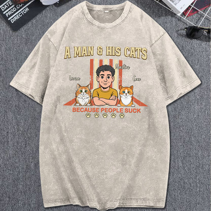 UPST34 A Man And His Cat Retro Style - Personalized Custom Washed T-shirt
