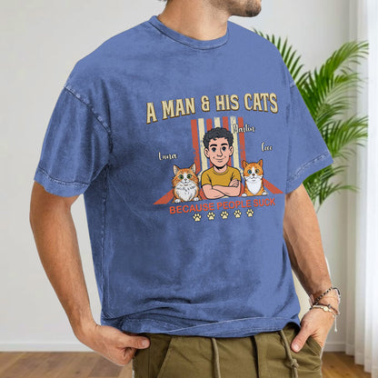 UPST34 A Man And His Cat Retro Style - Personalized Custom Washed T-shirt