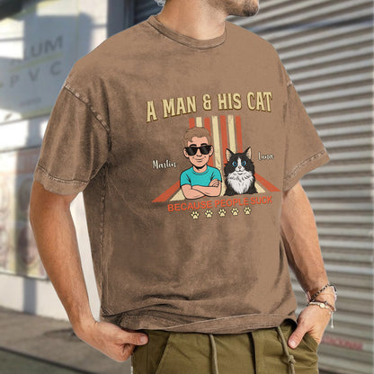 UPST34 A Man And His Cat Retro Style - Personalized Custom Washed T-shirt