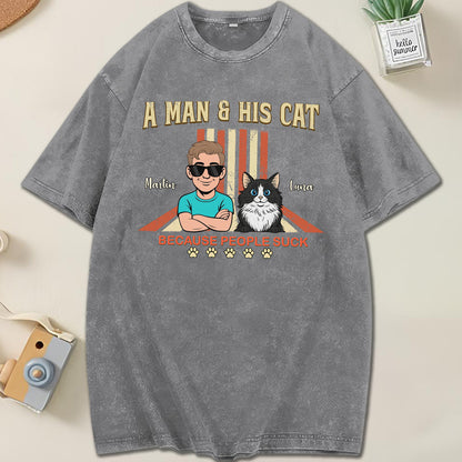 UPST34 A Man And His Cat Retro Style - Personalized Custom Washed T-shirt