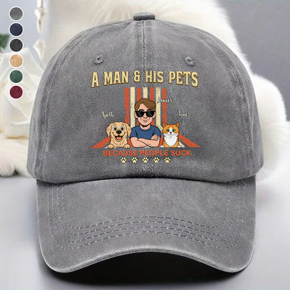 UPST34 A Man And His Pet Retro Style - Personalized Custom Wash Denim Cap