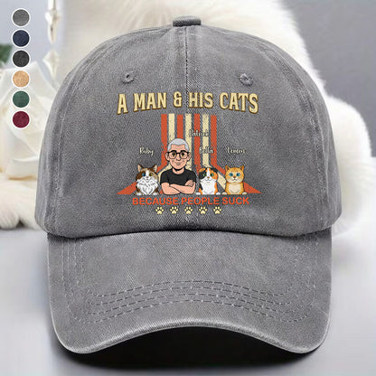 UPST34 A Man And His Cat Retro Style - Personalized Custom Wash Denim Cap
