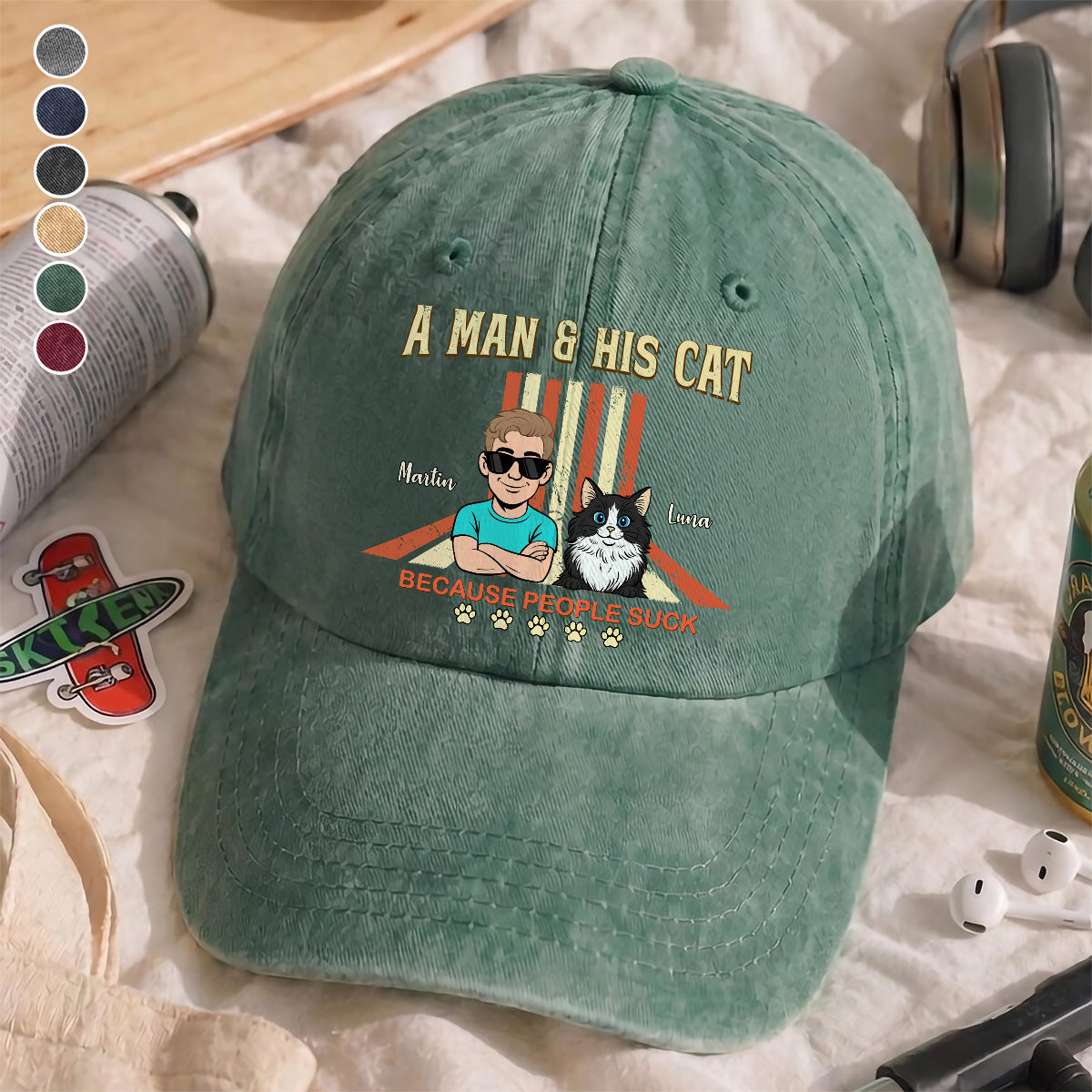 UPST34 A Man And His Cat Retro Style - Personalized Custom Wash Denim Cap