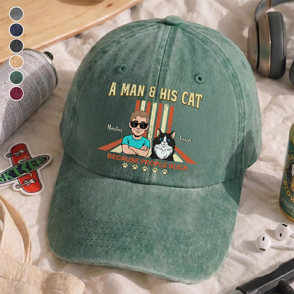 UPST34 A Man And His Cat Retro Style - Personalized Custom Wash Denim Cap