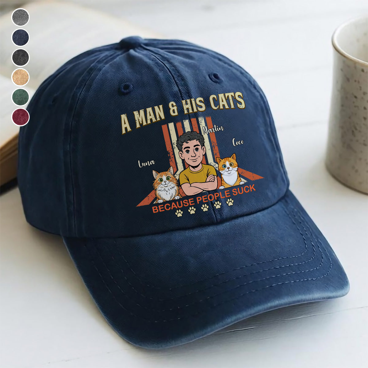 UPST34 A Man And His Cat Retro Style - Personalized Custom Wash Denim Cap