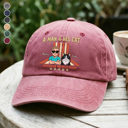 UPST34 A Man And His Cat Retro Style - Personalized Custom Wash Denim Cap