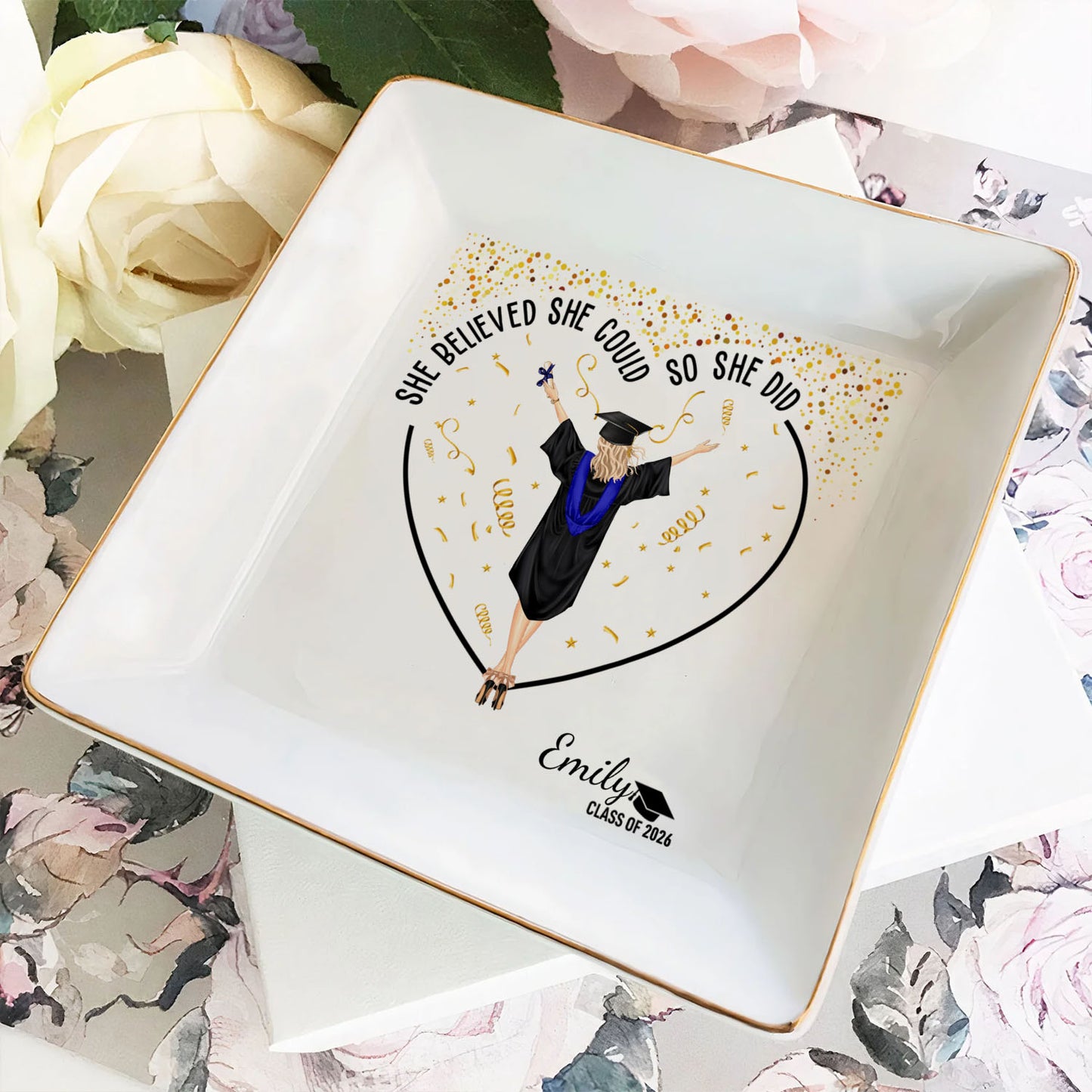 PSD10 She Believed She Could So She Did Graduation Gift - Personalized Custom Jewelry Dish