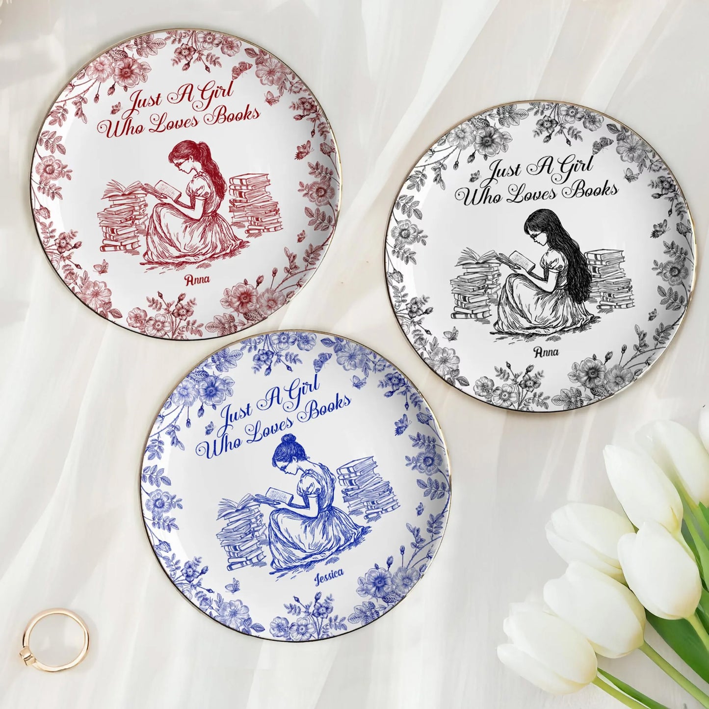 PSD02 Toile De Jouy Style Just A Girl Who Loves Books - Personalized Custom Jewelry Dish