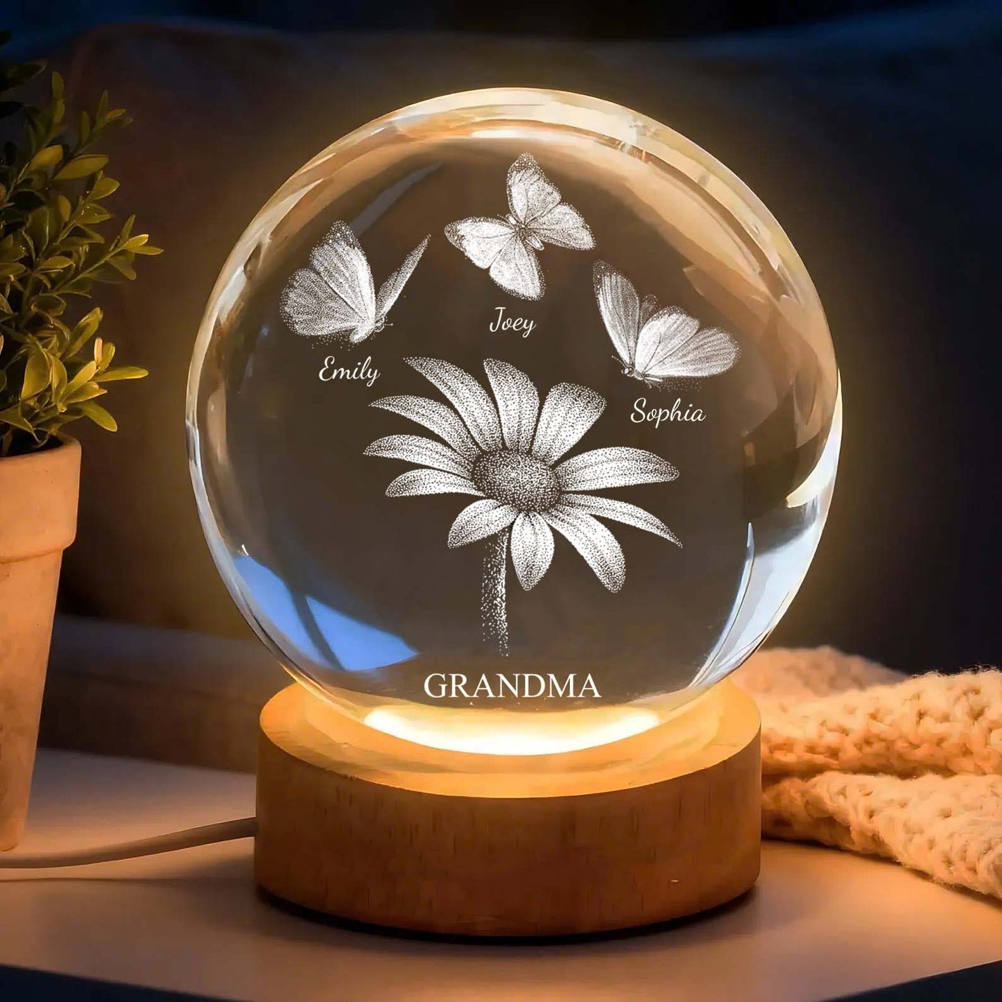 PCB10 Daisy Flower Butterflies Mom Grandma - Custom 3D Crystal Ball Lamp