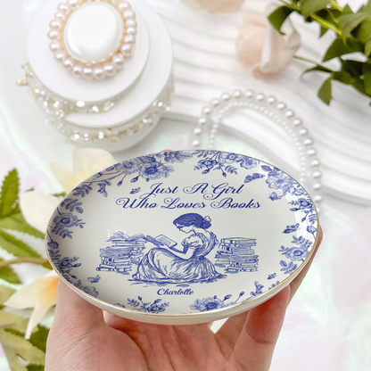 PSD02 Toile De Jouy Style Just A Girl Who Loves Books - Personalized Custom Jewelry Dish
