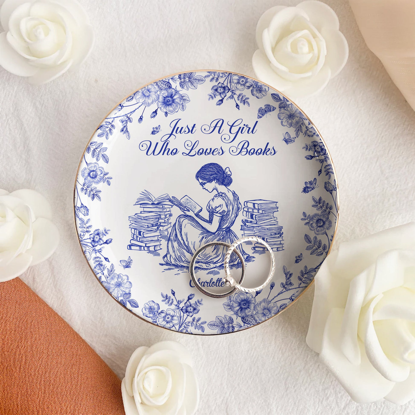 PSD02 Toile De Jouy Style Just A Girl Who Loves Books - Personalized Custom Jewelry Dish