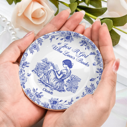 PSD02 Toile De Jouy Style Just A Girl Who Loves Books - Personalized Custom Jewelry Dish