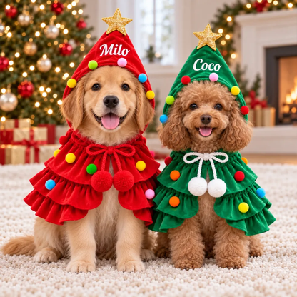 PST263 Christmas Tree Dog Costume with Name - Personalized Pet Cape
