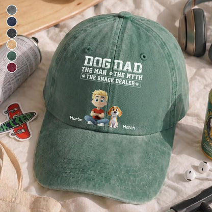 UPST74 Dog Dad The Man The Myth The Snack Dealer - Personalized Custom Wash Denim Cap