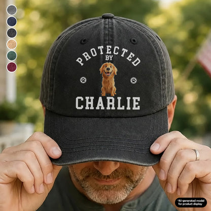 UPST76 Protected By Dog - Personalized Custom Wash Denim Cap