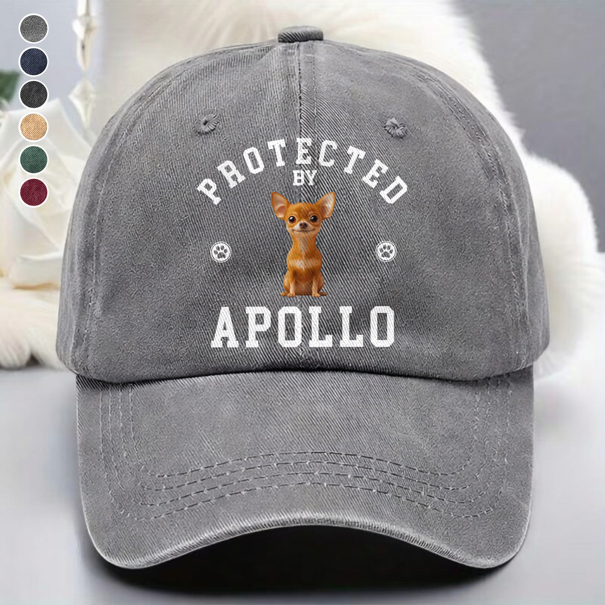 UPST76 Protected By Dog - Personalized Custom Wash Denim Cap