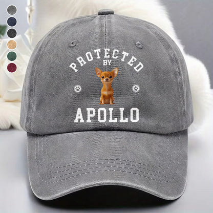 UPST76 Protected By Dog - Personalized Custom Wash Denim Cap