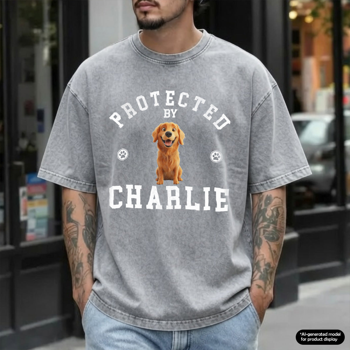 UPST76 Protected By Dog - Personalized Custom Washed T-shirt