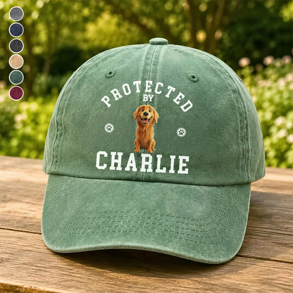UPST76 Protected By Dog - Personalized Custom Wash Denim Cap