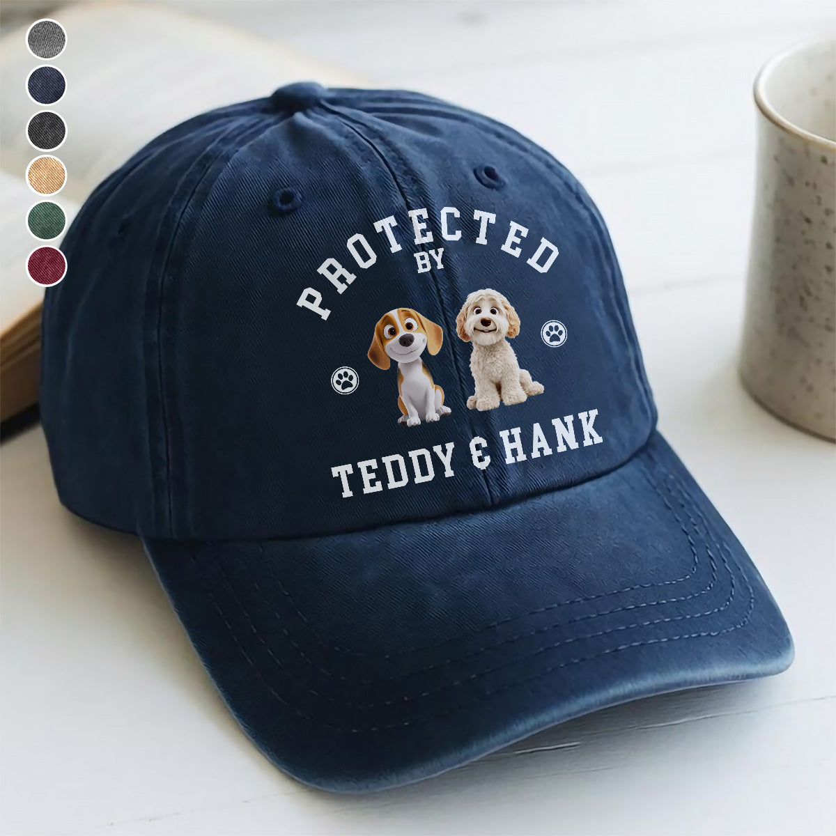 UPST76 Protected By Dog - Personalized Custom Wash Denim Cap