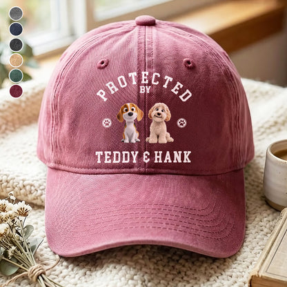 UPST76 Protected By Dog - Personalized Custom Wash Denim Cap