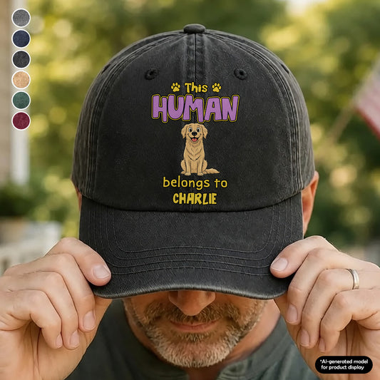 UPST77 This Human Belongs To Retro Dog - Personalized Custom Wash Denim Cap