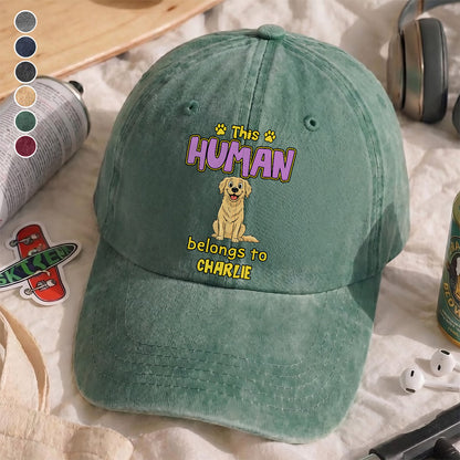 UPST77 This Human Belongs To Retro Dog - Personalized Custom Wash Denim Cap