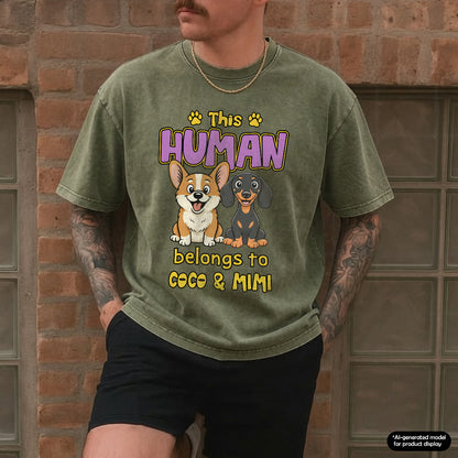 UPST77 This Human Belongs To Retro Dog - Personalized Custom Washed T-shirt