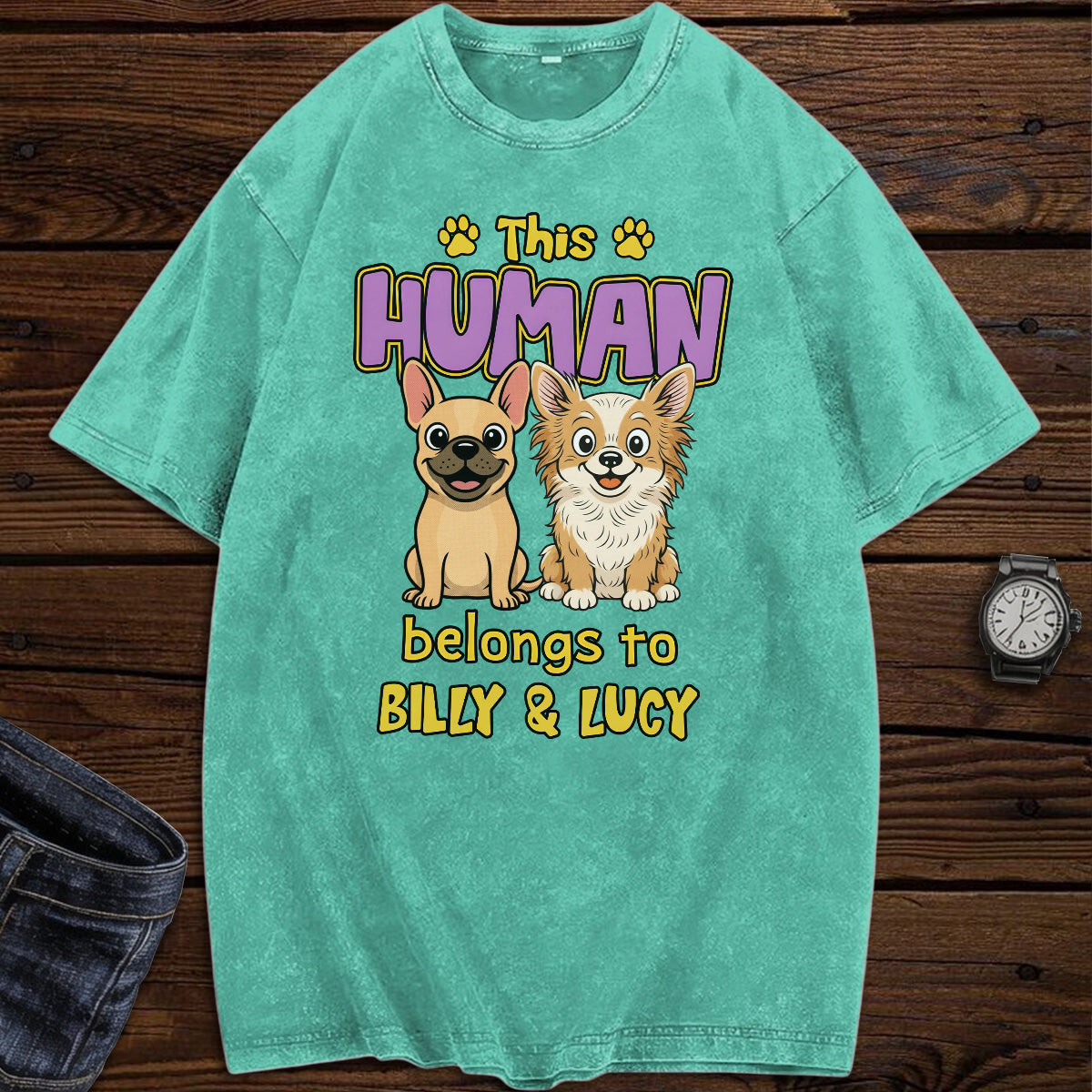 UPST77 This Human Belongs To Retro Dog - Personalized Custom Washed T-shirt