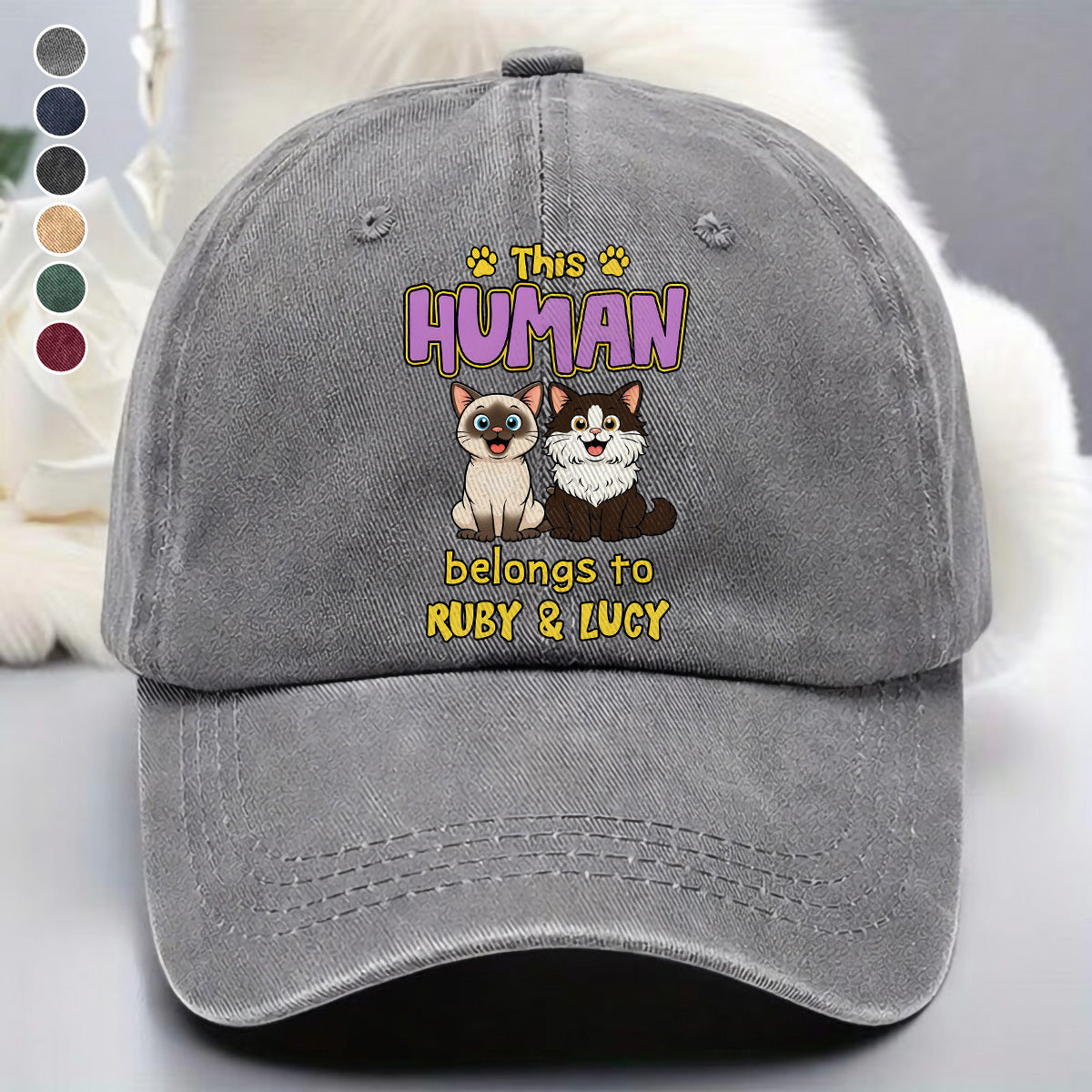 UPST78 This Human Belongs To Retro Cat - Personalized Custom Wash Denim Cap