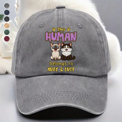 UPST78 This Human Belongs To Retro Cat - Personalized Custom Wash Denim Cap