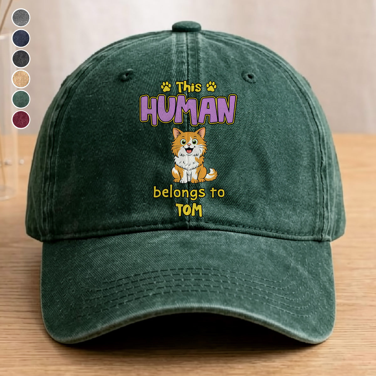 UPST78 This Human Belongs To Retro Cat - Personalized Custom Wash Denim Cap