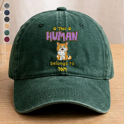 UPST78 This Human Belongs To Retro Cat - Personalized Custom Wash Denim Cap