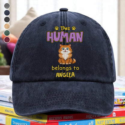 UPST78 This Human Belongs To Retro Cat - Personalized Custom Wash Denim Cap