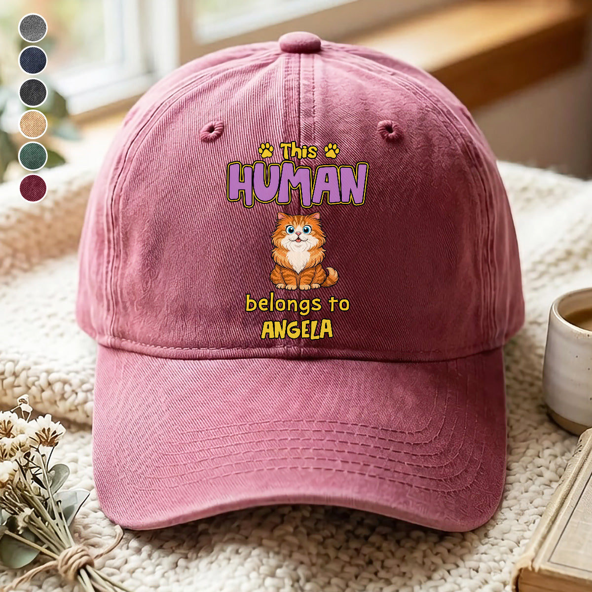 UPST78 This Human Belongs To Retro Cat - Personalized Custom Wash Denim Cap