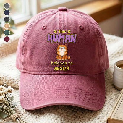 UPST78 This Human Belongs To Retro Cat - Personalized Custom Wash Denim Cap