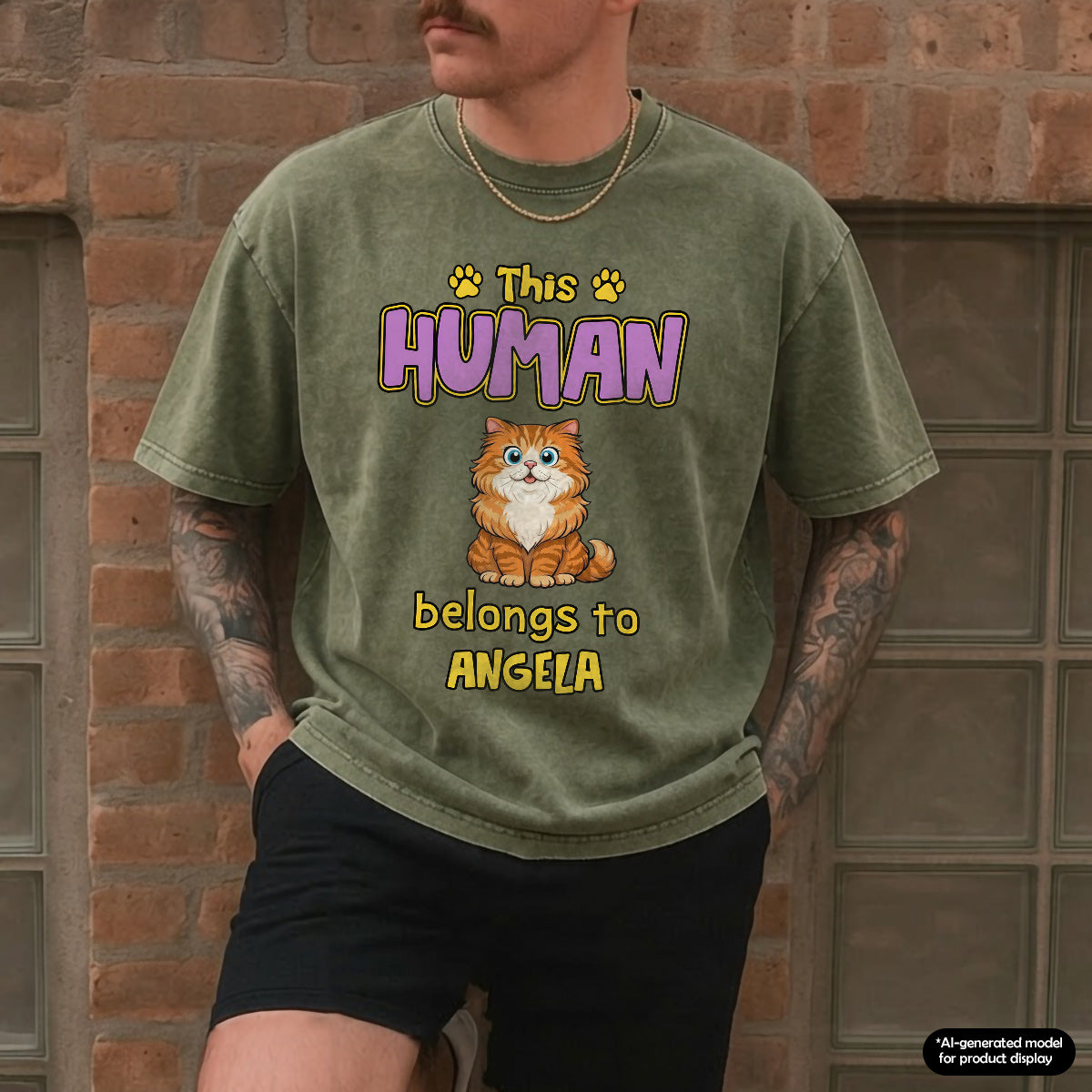 UPST78 This Human Belongs To Retro Cat - Personalized Custom Washed T-shirt