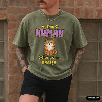 UPST78 This Human Belongs To Retro Cat - Personalized Custom Washed T-shirt