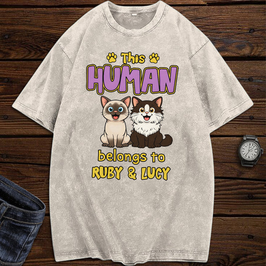 UPST78 This Human Belongs To Retro Cat - Personalized Custom Washed T-shirt