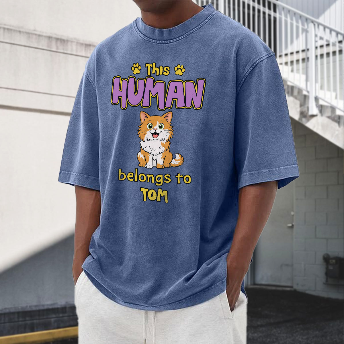 UPST78 This Human Belongs To Retro Cat - Personalized Custom Washed T-shirt