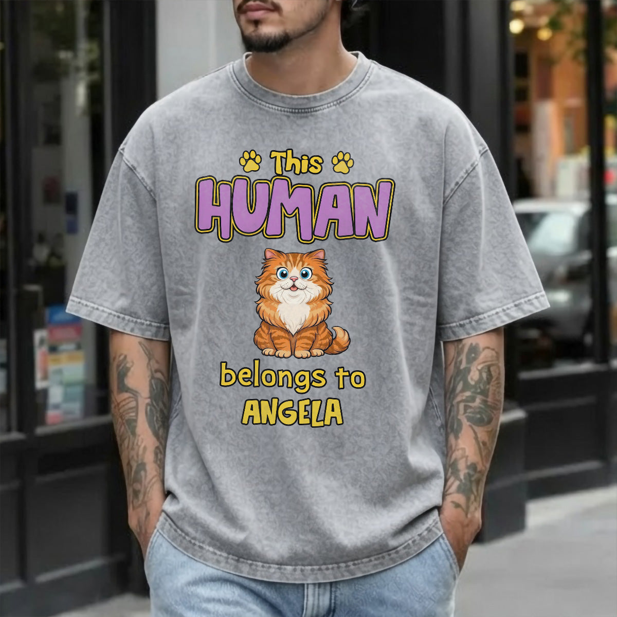 UPST78 This Human Belongs To Retro Cat - Personalized Custom Washed T-shirt