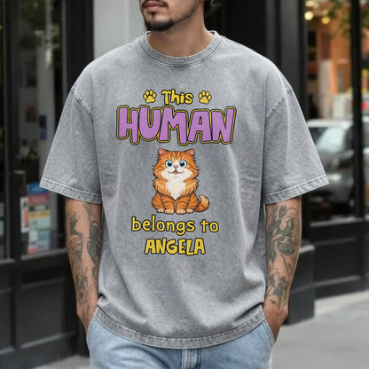 UPST78 This Human Belongs To Retro Cat - Personalized Custom Washed T-shirt