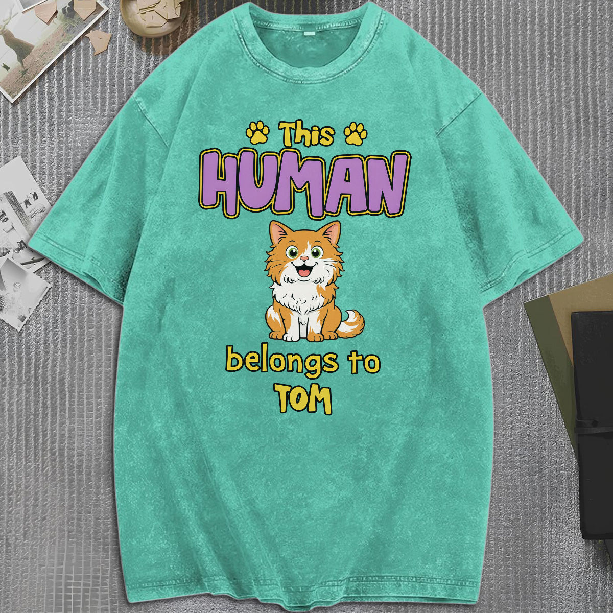 UPST78 This Human Belongs To Retro Cat - Personalized Custom Washed T-shirt