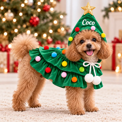 PST263 Christmas Tree Dog Costume with Name - Personalized Pet Cape