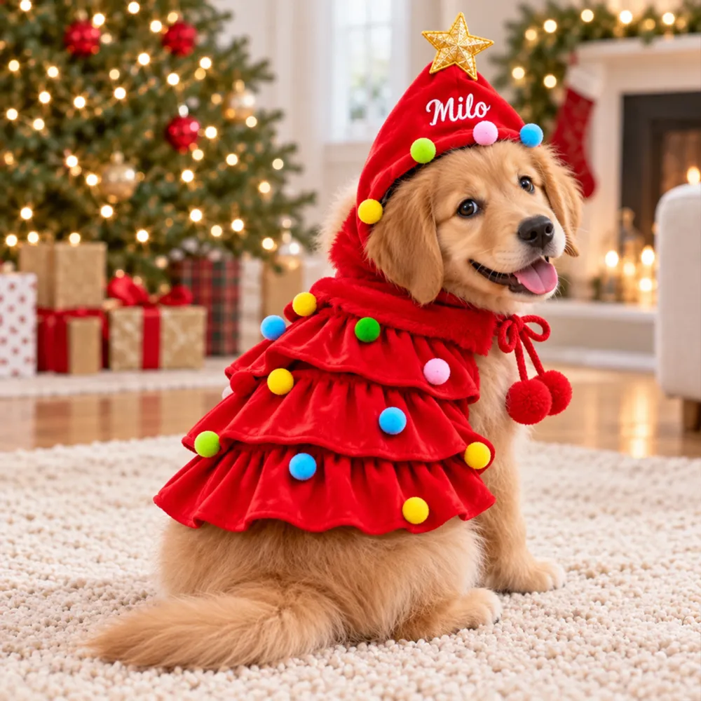 PST263 Christmas Tree Dog Costume with Name - Personalized Pet Cape